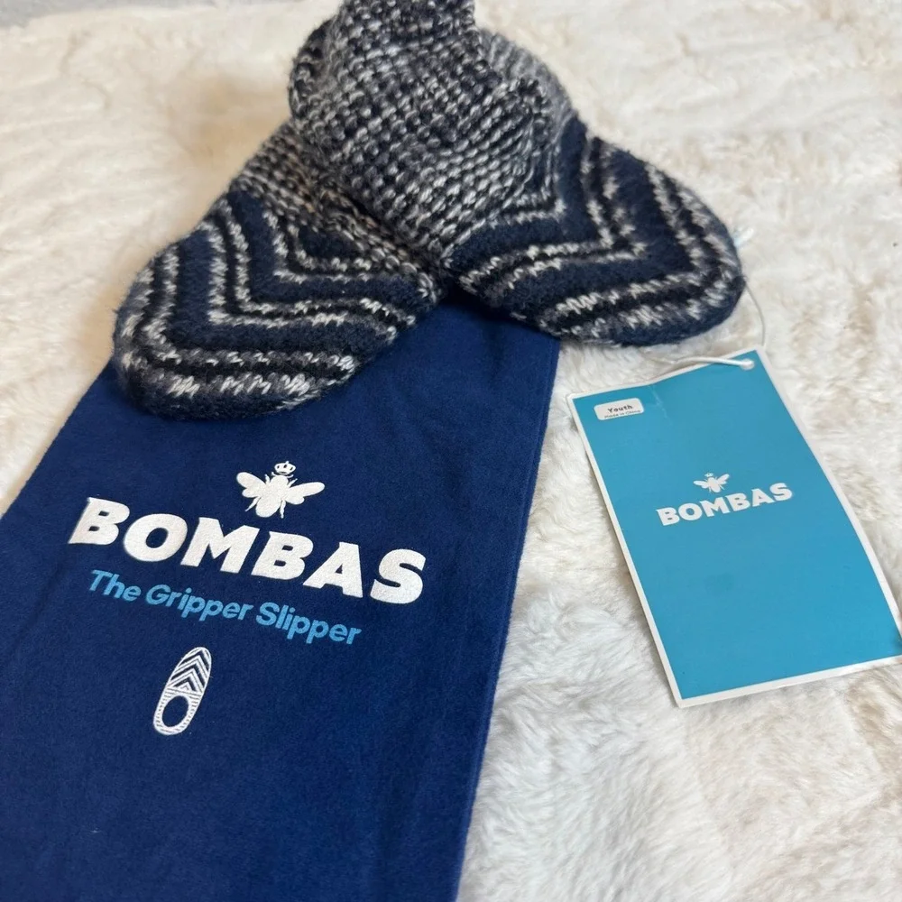 Bombas Youth Gripper Slippers Bristol Blue Knit Wool Blend Non-Slip New